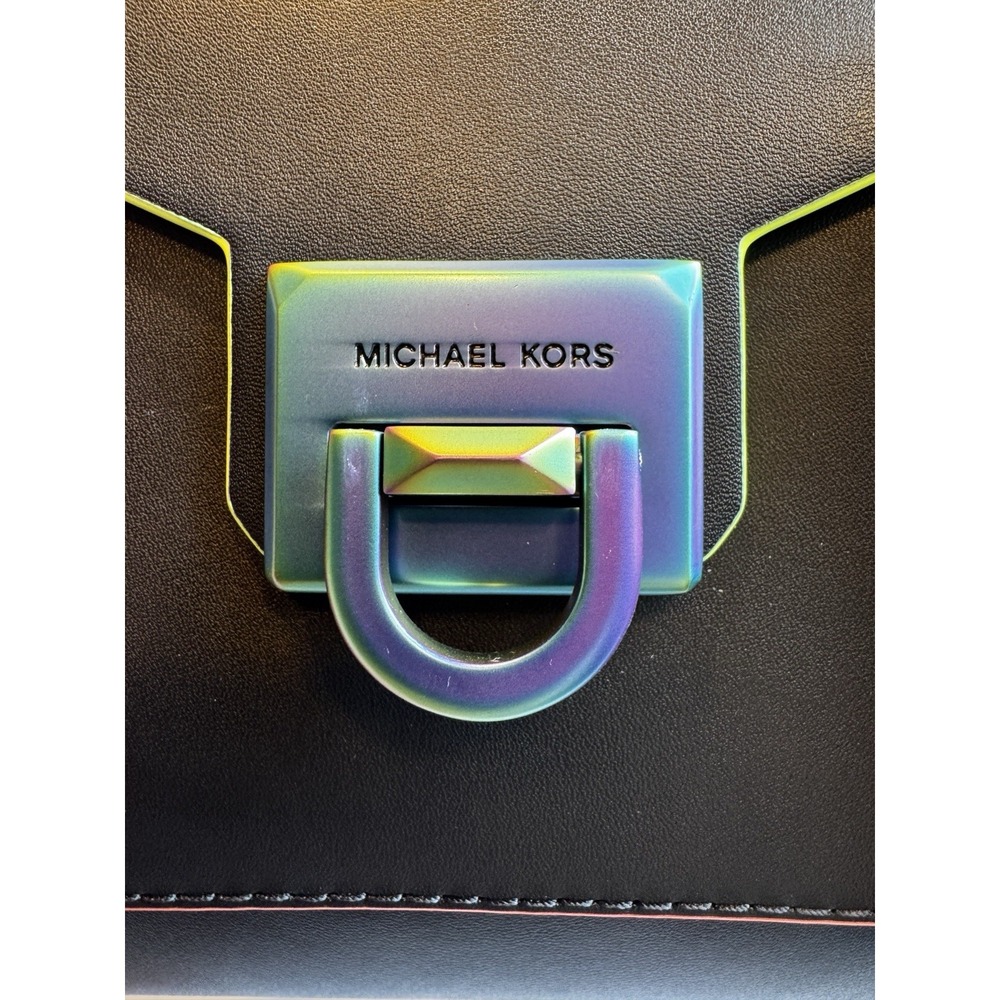 NEW MICHAEL KORS MANHATTAN BLACK OIL SLICK NEON SATCHEL SCHOOL BAG CROSSBODY - Picture 2 of 7